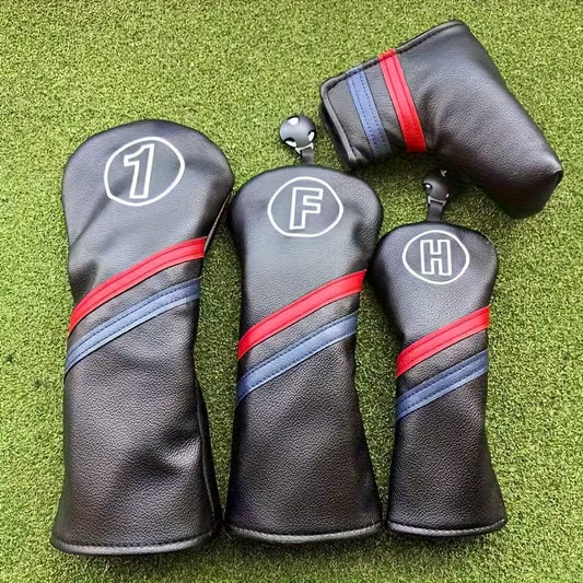 Classic Stripe Black Golf Headcover – PU Leather with Red & Blue Accents (Sold Individually - Driver, Fairway, or Hybrid)