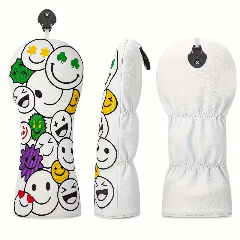 "Lucky Smiley" Golf Headcover – White PU Leather with Four-Leaf Clover & Emoticon Embroidery (Sold Individually - Driver, Fairway, or Hybrid)