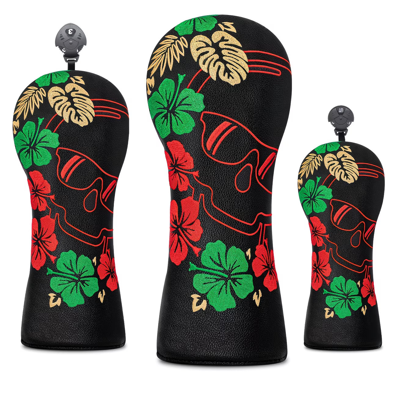 "Tropical Skull" Golf Headcover – Black PU Leather with Hibiscus & Gold Leaf Embroidery (Sold Individually)