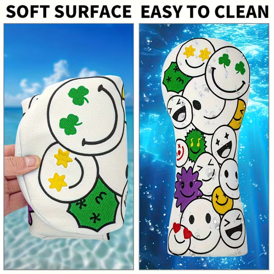"Lucky Smiley" Golf Headcover – White PU Leather with Four-Leaf Clover & Emoticon Embroidery (Sold Individually - Driver, Fairway, or Hybrid)