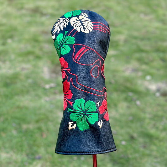 "Tropical Skull" Golf Headcover – Black PU Leather with Hibiscus & Gold Leaf Embroidery (Sold Individually)