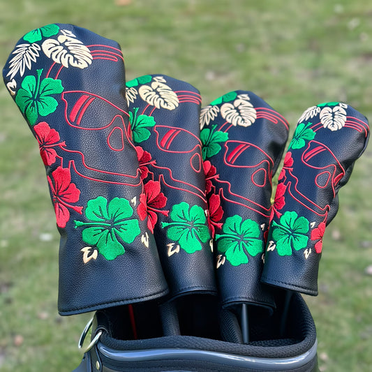 "Tropical Skull" Golf Headcover – Black PU Leather with Hibiscus & Gold Leaf Embroidery (Sold Individually)