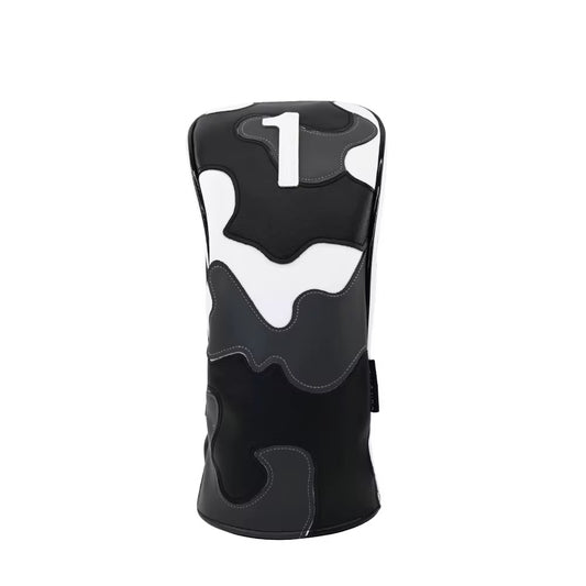 Premium Urban Camouflage Golf Headcovers – Stitched PU Leather Patchwork for Driver, Fairway & Hybrid (Black/White/Grey)