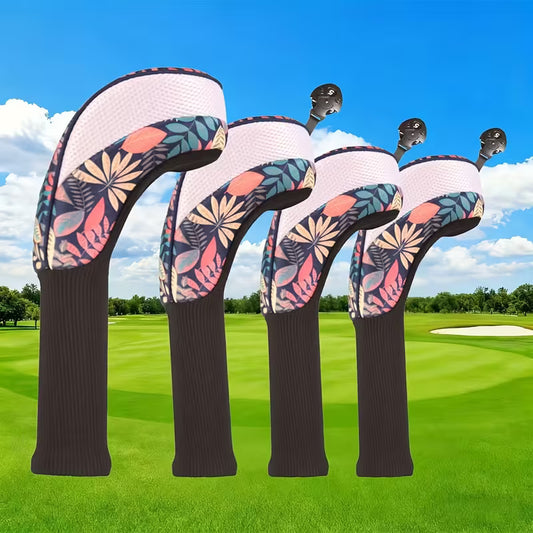 4-Piece "New Leaf" 2025 Golf Headcover Set – Tropical Print with Breathable Mesh & Long Knit Sock (1 Driver, 1 Fairway, 2 Hybrids)