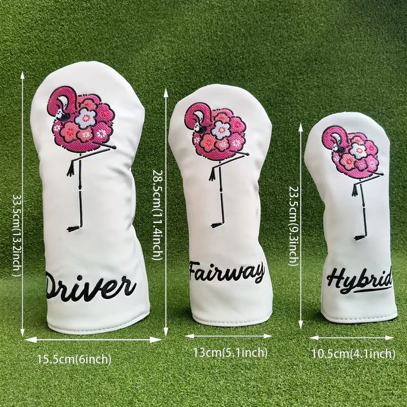 Premium Floral Flamingo Golf Head Covers – White PU Leather for Driver, Fairway Woods, & Hybrids