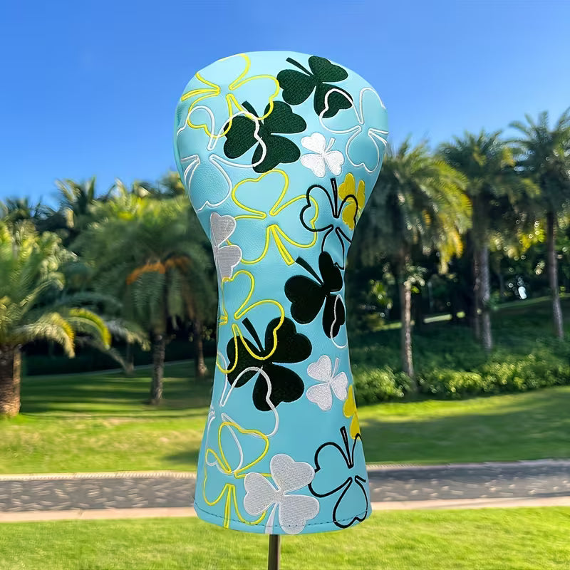 "Lucky Clover" Light Blue Golf Headcover – Premium PU Leather with Four-Leaf Pattern (Driver, Fairway, or Hybrid)