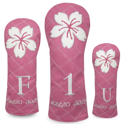 "Sakura Pink" Quilted Golf Headcover – Waterproof PU Leather with White Flower Embroidery (Driver, Fairway, or Hybrid)
