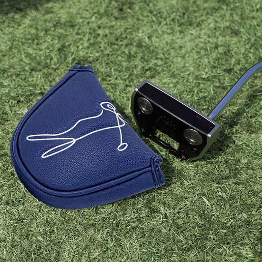 Premium Navy Blue Mallet Putter Headcover – "Golfer in Motion" Line Art Embroidery – Soft PU Leather