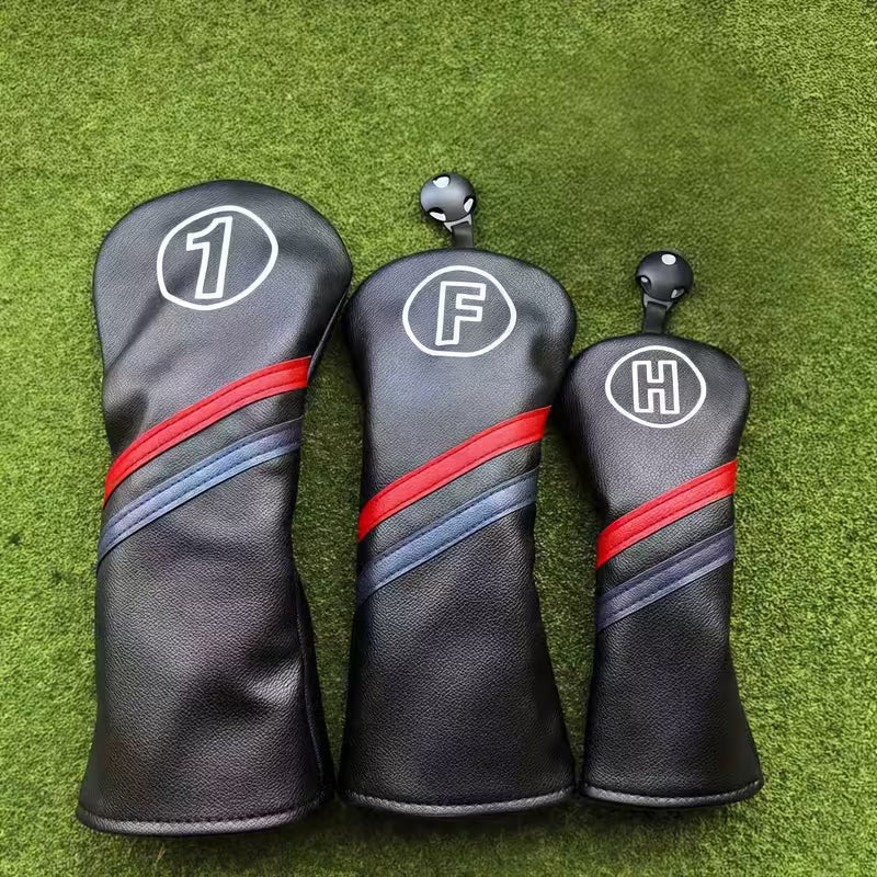 Classic Stripe Black Golf Headcover – PU Leather with Red & Blue Accents (Sold Individually - Driver, Fairway, or Hybrid)