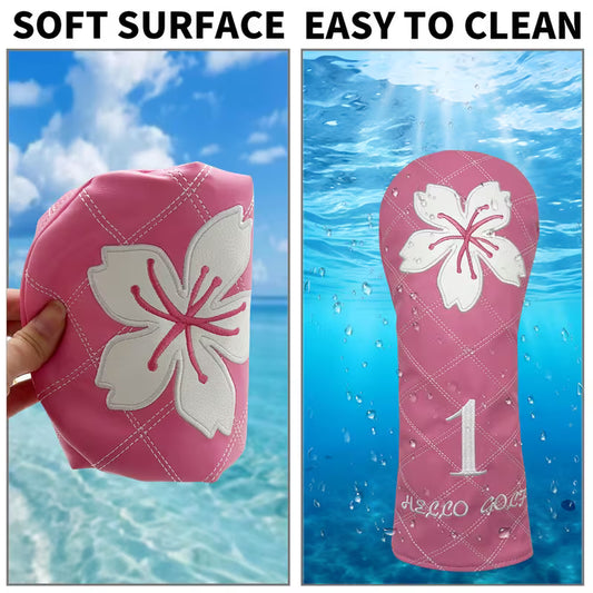 "Sakura Pink" Quilted Golf Headcover – Waterproof PU Leather with White Flower Embroidery (Driver, Fairway, or Hybrid)