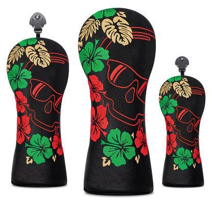 "Tropical Skull" Golf Headcover – Black PU Leather with Hibiscus & Gold Leaf Embroidery (Sold Individually)