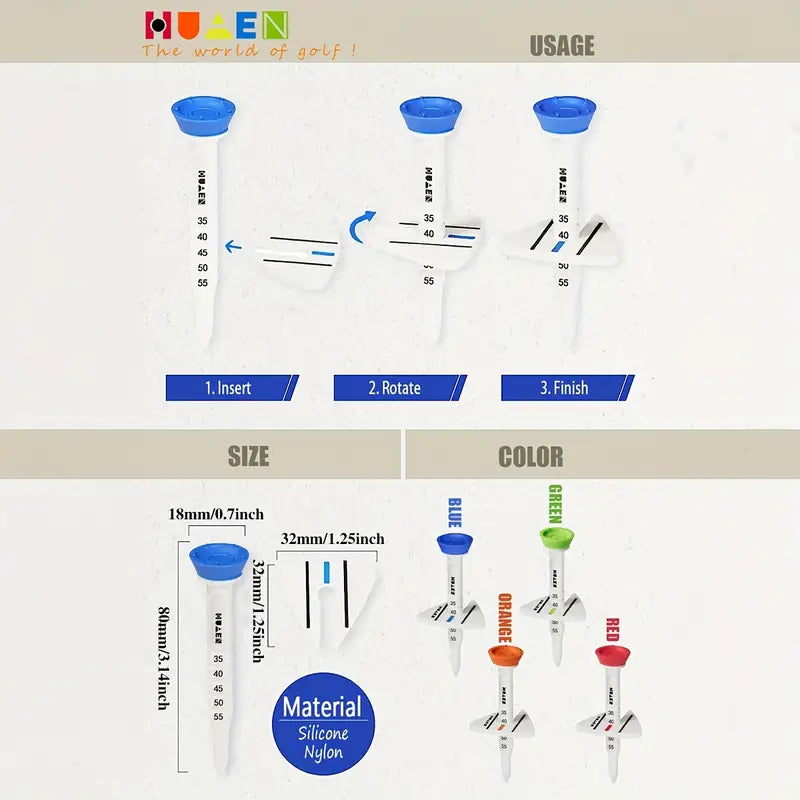 HUAEN Premium Adjustable Plastic Golf Tees 8pcs