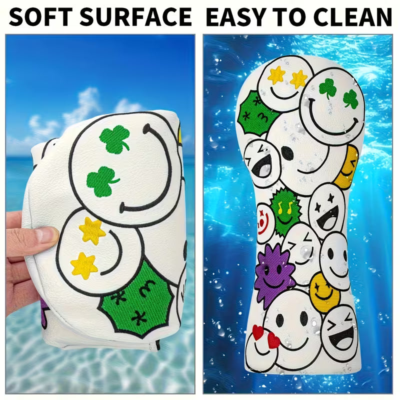 "Lucky Smiley" Golf Headcover – White PU Leather with Four-Leaf Clover & Emoticon Embroidery (Sold Individually - Driver, Fairway, or Hybrid)