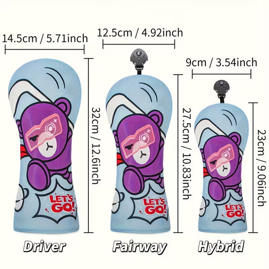"Let's Go!" Cartoon Bear Golf Headcover – Light Blue PU Leather with Purple Bear & Pink Sunglasses (Driver, Fairway, or Hybrid)