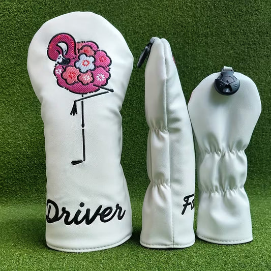 Premium Floral Flamingo Golf Head Covers – White PU Leather for Driver, Fairway Woods, & Hybrids