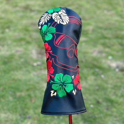 "Tropical Skull" Golf Headcover – Black PU Leather with Hibiscus & Gold Leaf Embroidery (Sold Individually)