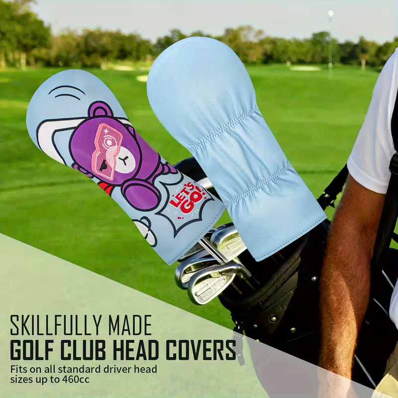 "Let's Go!" Cartoon Bear Golf Headcover – Light Blue PU Leather with Purple Bear & Pink Sunglasses (Driver, Fairway, or Hybrid)