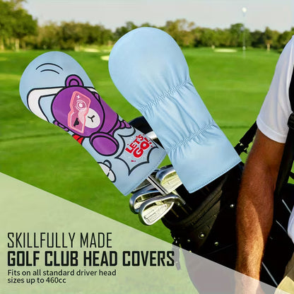 "Let's Go!" Cartoon Bear Golf Headcover – Light Blue PU Leather with Purple Bear & Pink Sunglasses (Driver, Fairway, or Hybrid)