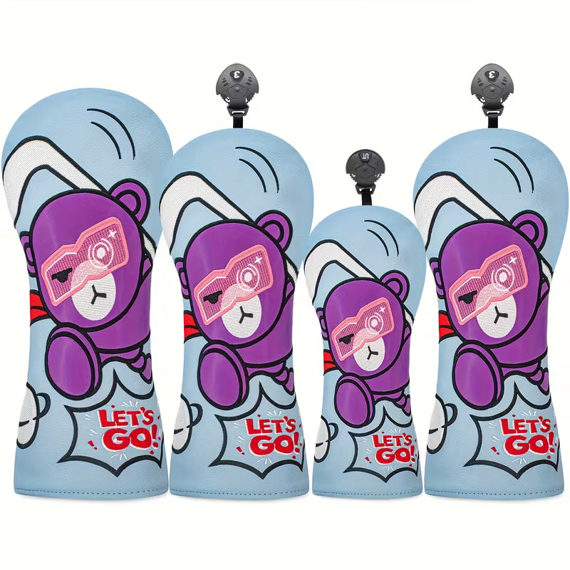 "Let's Go!" Cartoon Bear Golf Headcover – Light Blue PU Leather with Purple Bear & Pink Sunglasses (Driver, Fairway, or Hybrid)