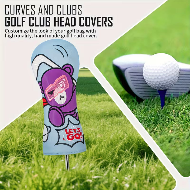 "Let's Go!" Cartoon Bear Golf Headcover – Light Blue PU Leather with Purple Bear & Pink Sunglasses (Driver, Fairway, or Hybrid)