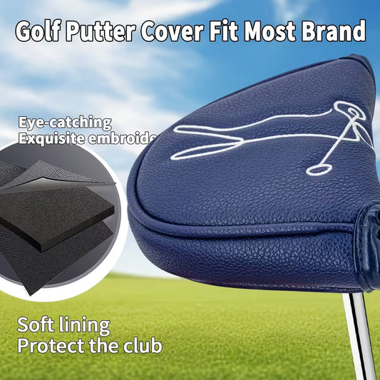 Premium Navy Blue Mallet Putter Headcover – "Golfer in Motion" Line Art Embroidery – Soft PU Leather