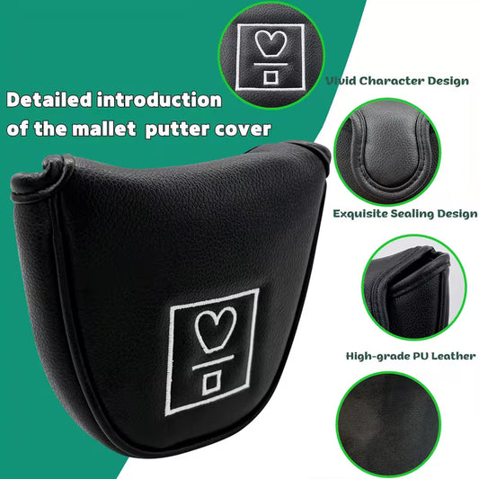 Black Mallet Putter Headcover – Minimalist "Heart Icon" Embroidery – Soft PU Leather with Plush Lining