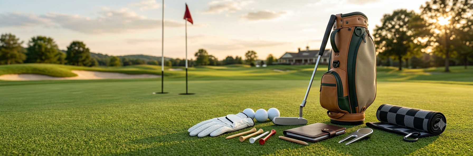 Golf bag with clubs and accessories on a Tenerife golf course at sunset, Golf Box TFS