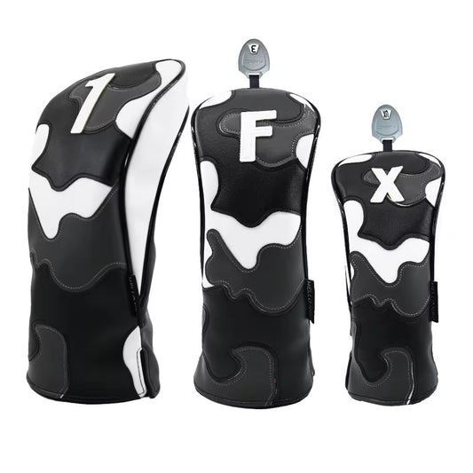 Premium Urban Camouflage Golf Headcovers – Stitched PU Leather Patchwork for Driver, Fairway & Hybrid (Black/White/Grey)
