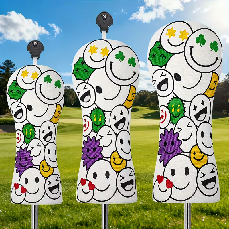 "Lucky Smiley" Golf Headcover – White PU Leather with Four-Leaf Clover & Emoticon Embroidery (Sold Individually - Driver, Fairway, or Hybrid)