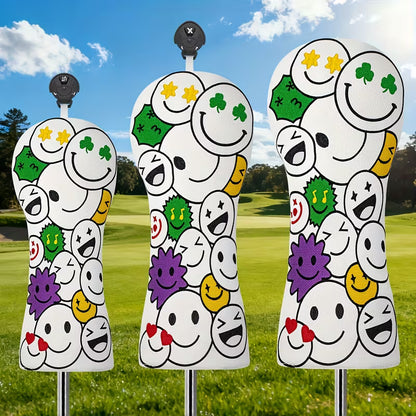 "Lucky Smiley" Golf Headcover – White PU Leather with Four-Leaf Clover & Emoticon Embroidery (Sold Individually - Driver, Fairway, or Hybrid)