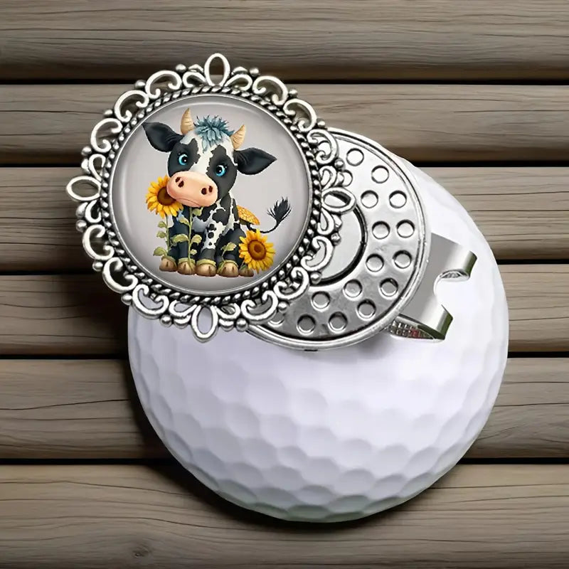 "Cute Cow & Sunflower" Magnetic Golf Ball Marker – Vintage Style Glass Cabochon Hat Clip