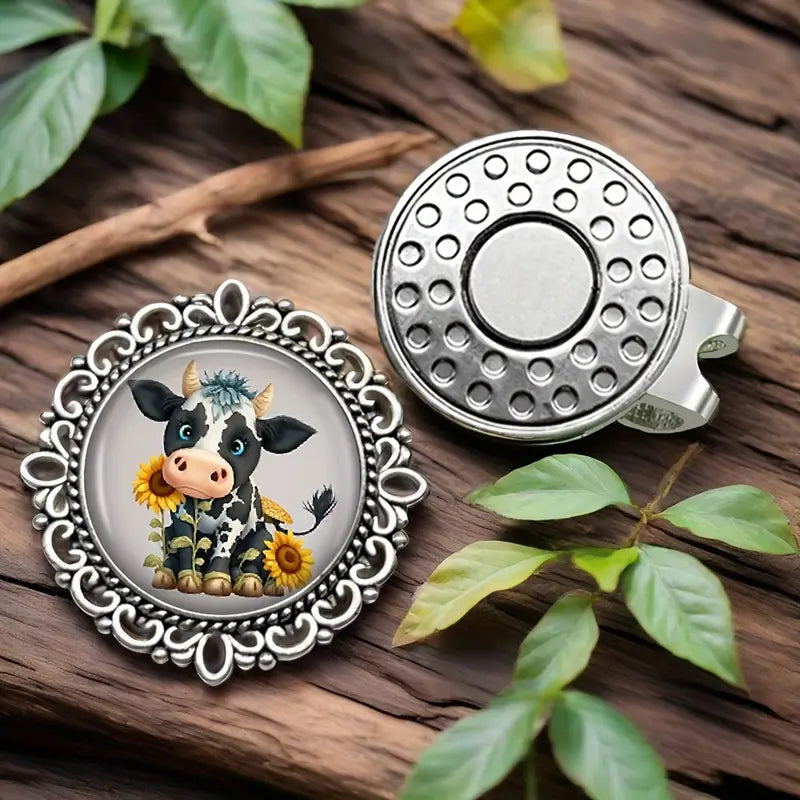 "Cute Cow & Sunflower" Magnetic Golf Ball Marker – Vintage Style Glass Cabochon Hat Clip