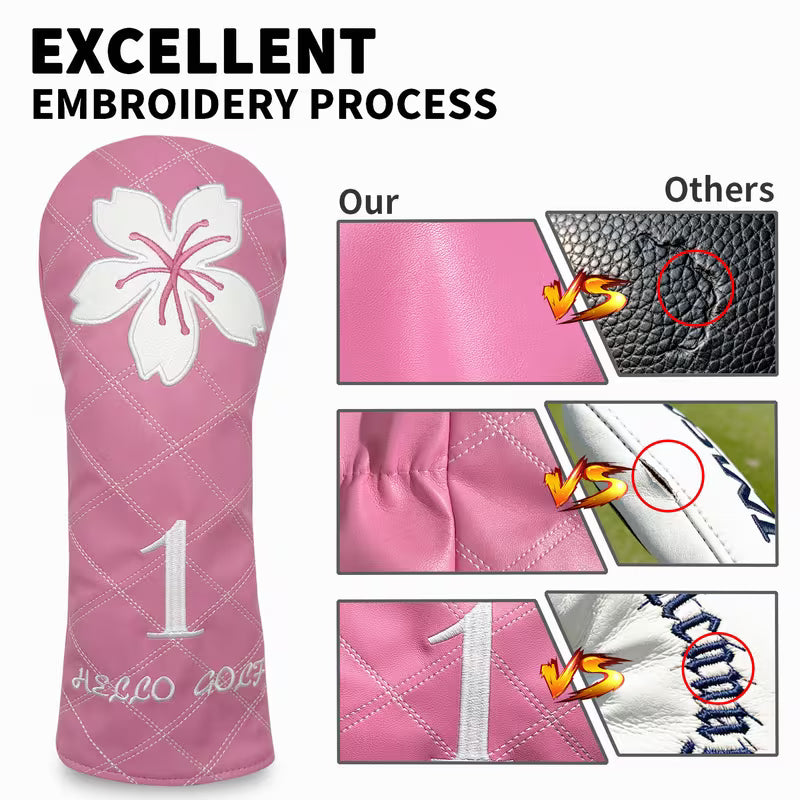 "Sakura Pink" Quilted Golf Headcover – Waterproof PU Leather with White Flower Embroidery (Driver, Fairway, or Hybrid)