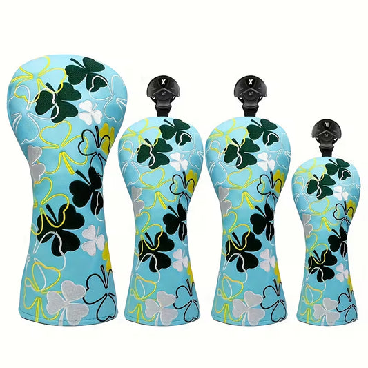"Lucky Clover" Light Blue Golf Headcover – Premium PU Leather with Four-Leaf Pattern (Driver, Fairway, or Hybrid)