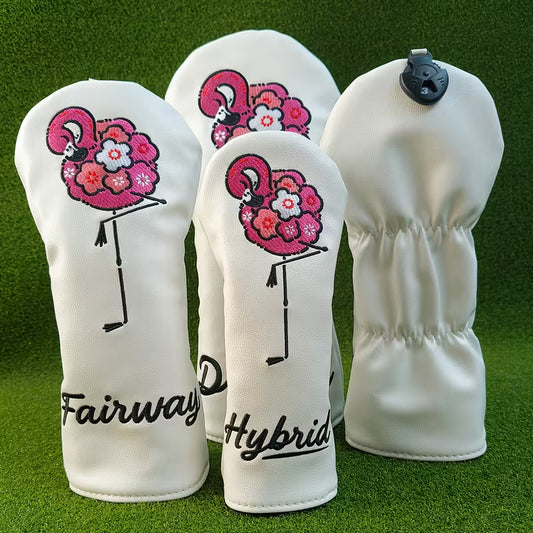 Premium Floral Flamingo Golf Head Covers – White PU Leather for Driver, Fairway Woods, & Hybrids