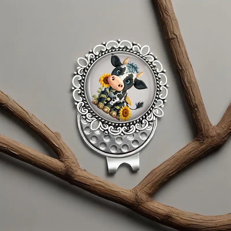 "Cute Cow & Sunflower" Magnetic Golf Ball Marker – Vintage Style Glass Cabochon Hat Clip