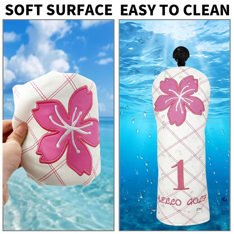 "Sakura White" Quilted Golf Headcover – Waterproof PU Leather with White Flower Embroidery (Driver, Fairway, or Hybrid) (Copy)